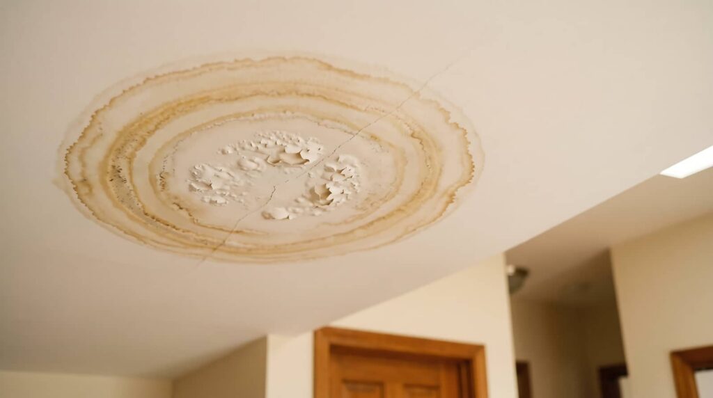 Water-damaged ceiling with peeling paint and a crack.