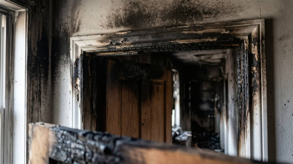 Burned hallway with soot-covered door frames and walls.