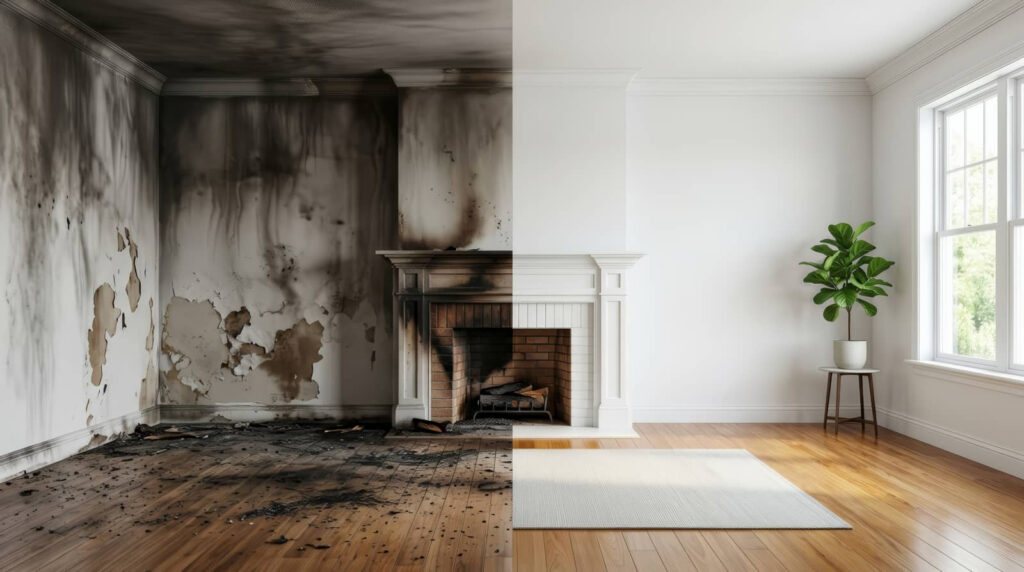 Split-view living room before and after fire damage.