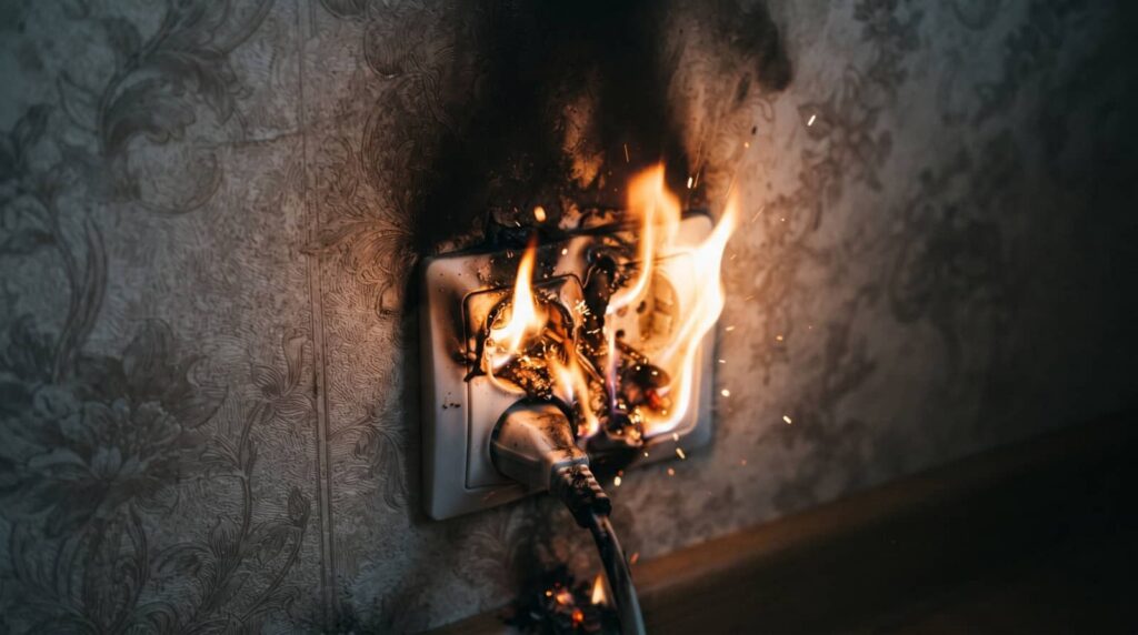 Electrical outlet on fire with a plugged-in cord.