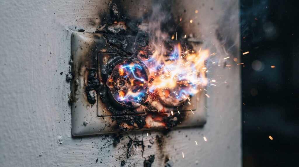 Burning electrical outlet with sparks and smoke.