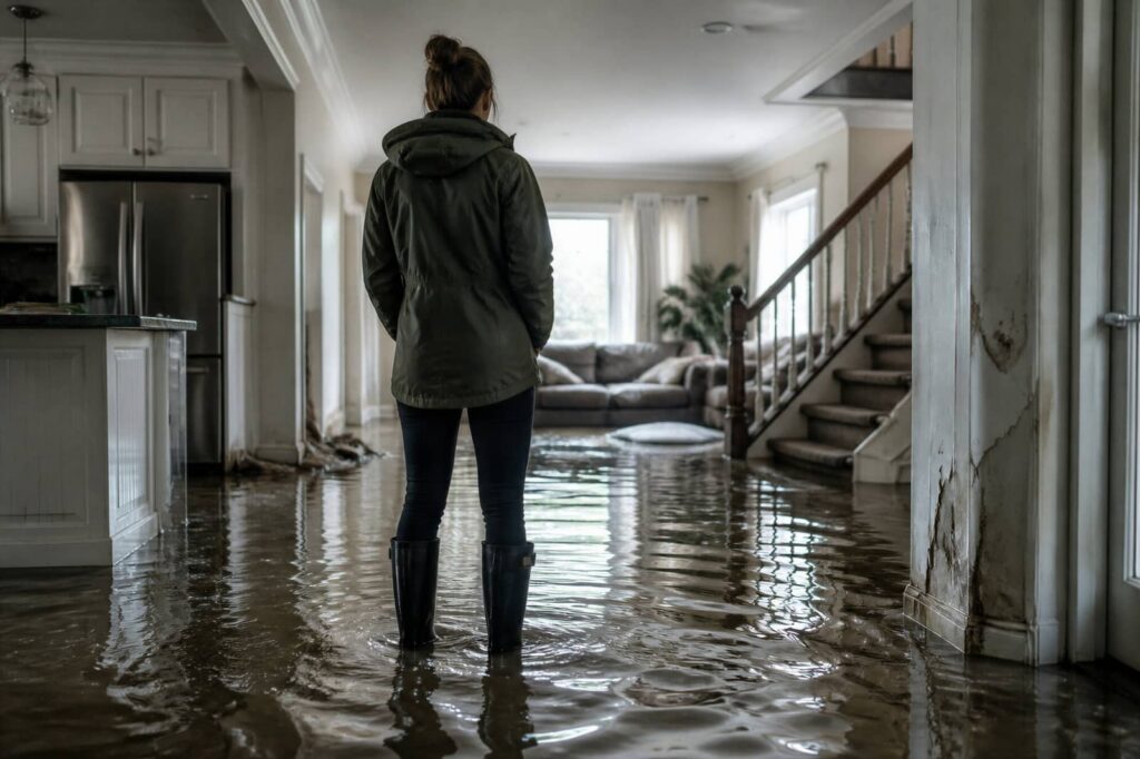 Woman standing in a flooded living room.