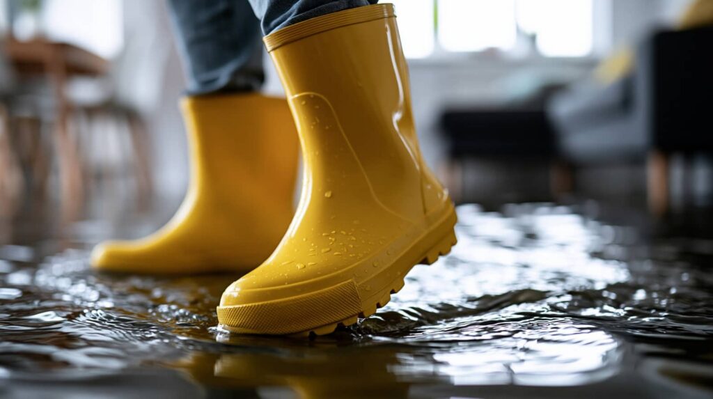 Yellow rain boots standing in shallow water indoors.