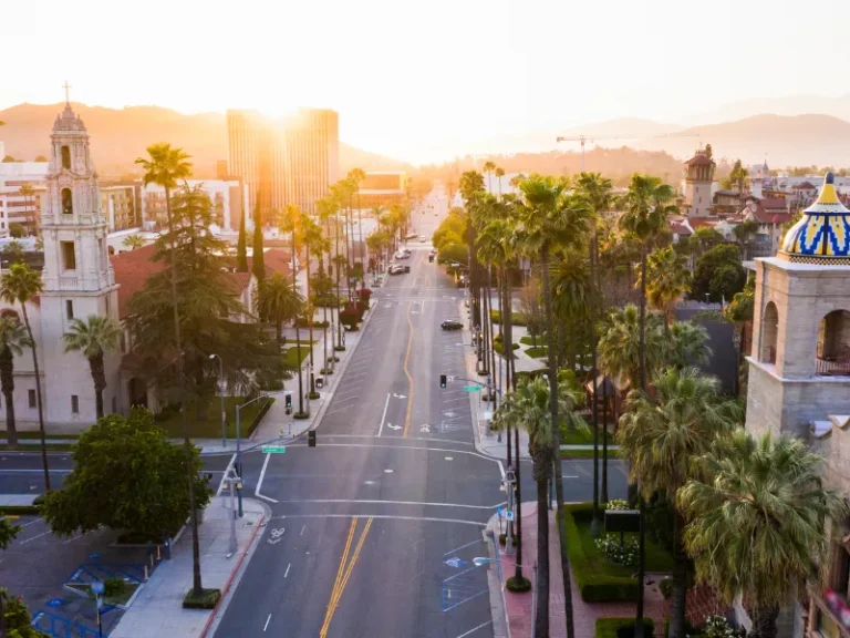 Sunset over a palm-lined street with historic buildings on either side.