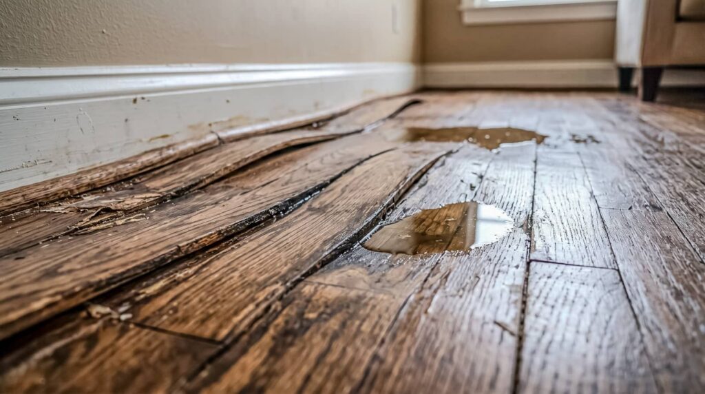 Water-damaged hardwood floor with puddles.