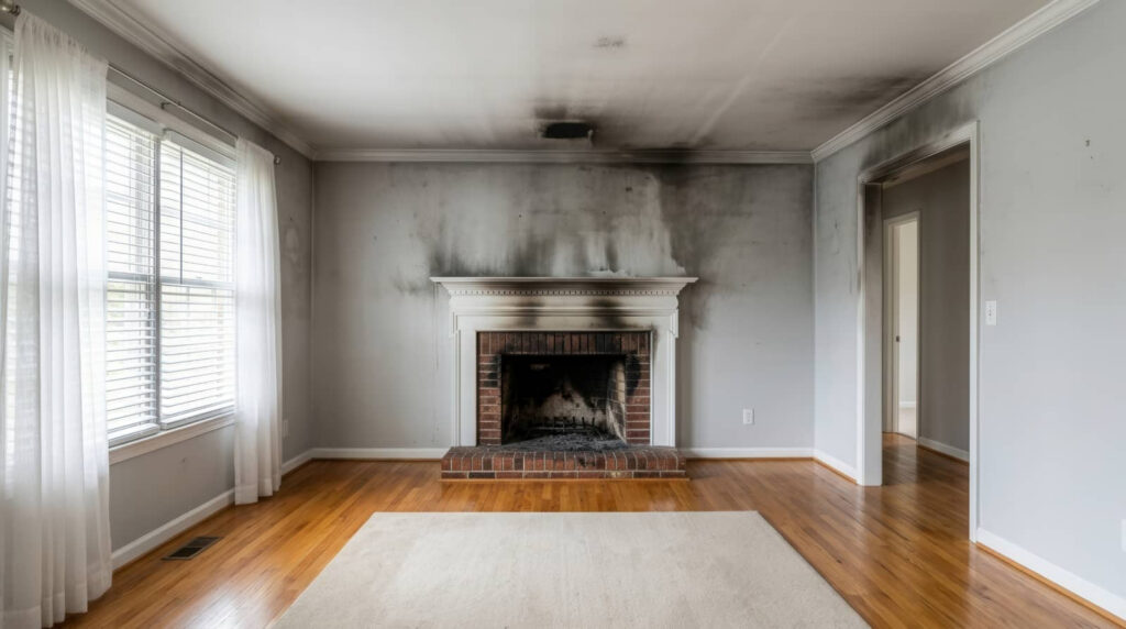 Smoke-damaged living room with a fireplace.