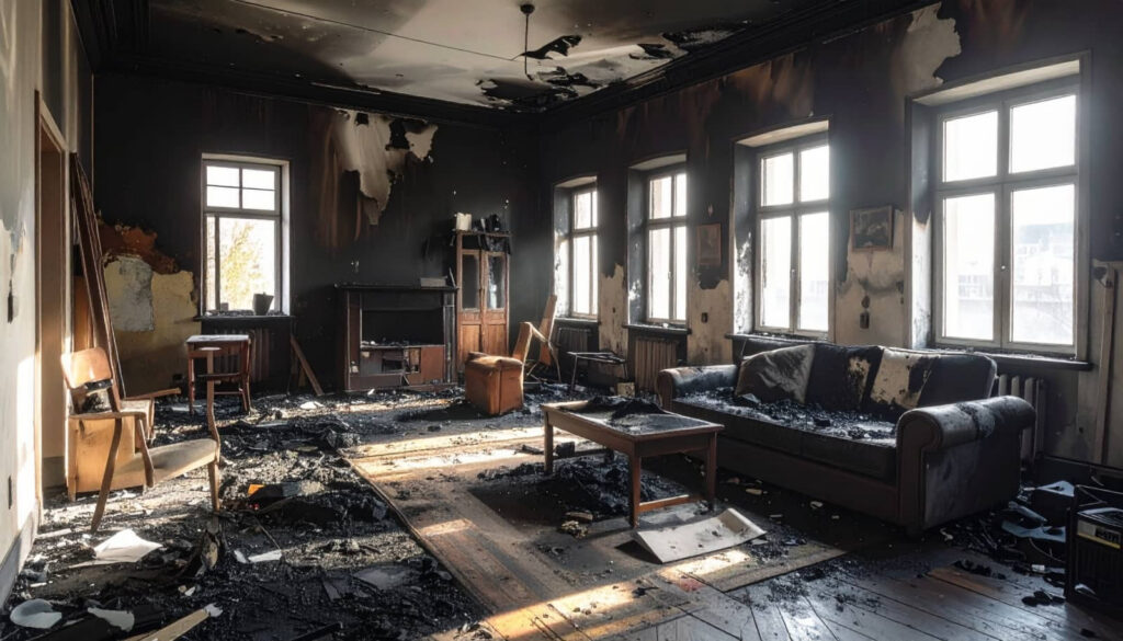 Burned-out living room with charred furniture and walls.
