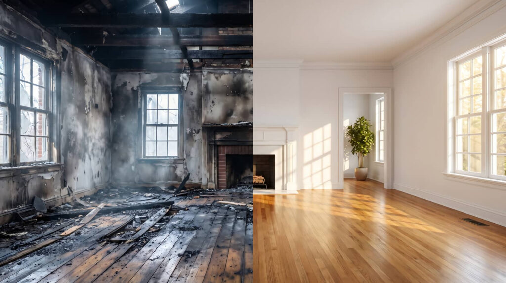 Split-view of a fire-damaged room and the same room renovated and bright.