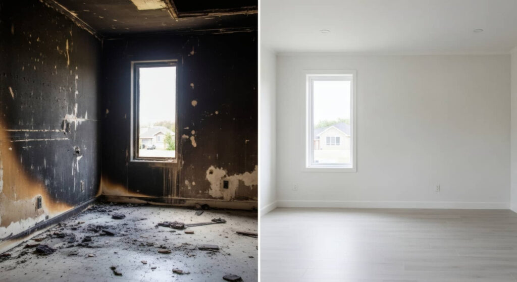 Before-and-after of a fire-damaged room restored to a clean white interior.