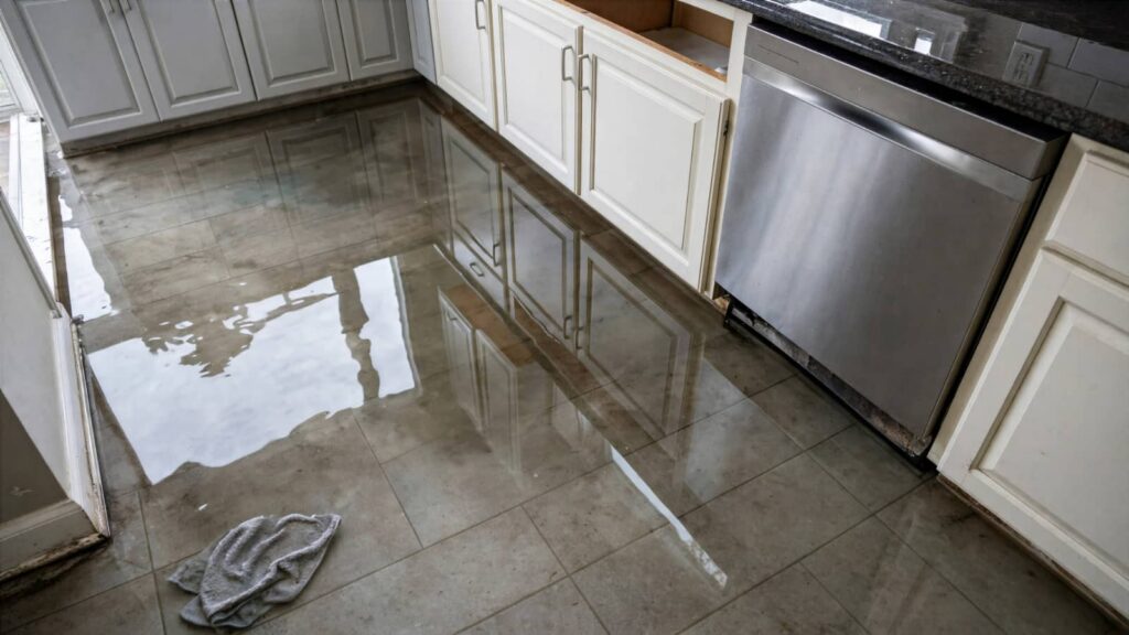Flooded kitchen floor with standing water and a towel.