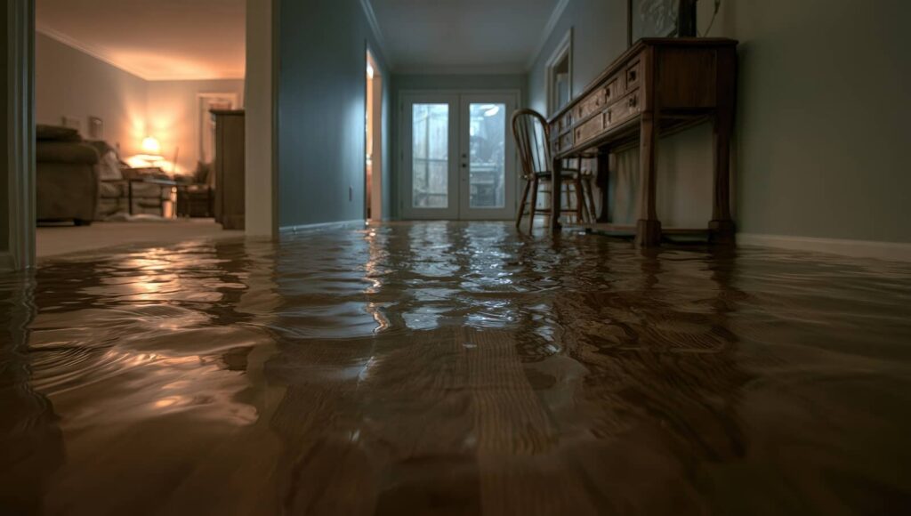 Flooded hallway in a home with water covering the floor.