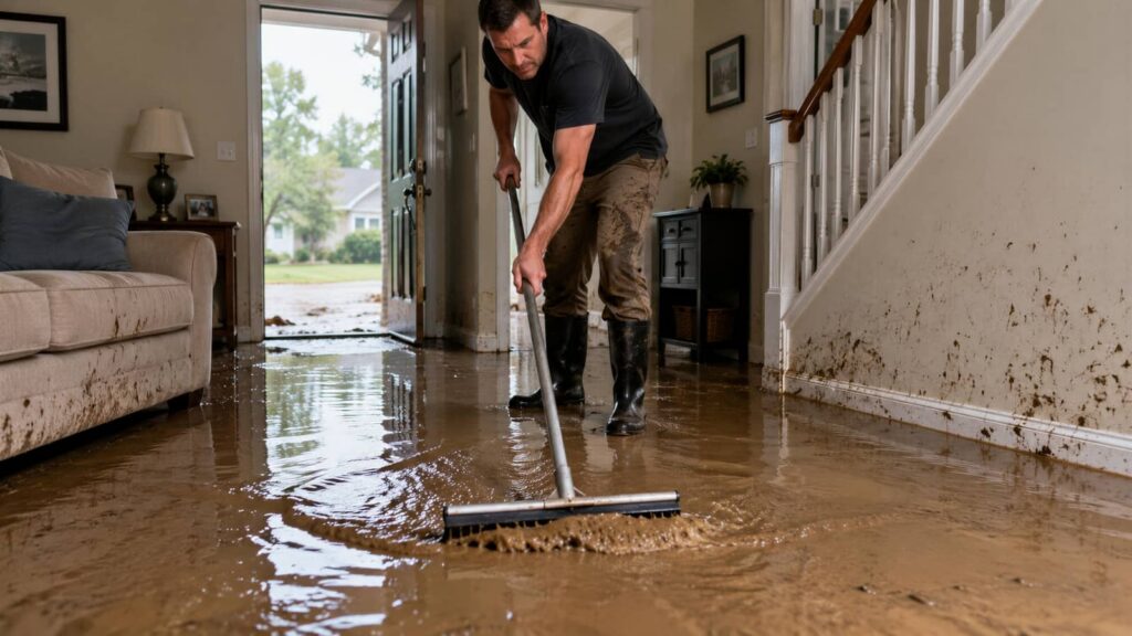Man cleaning muddy floodwater from a flooded living room.