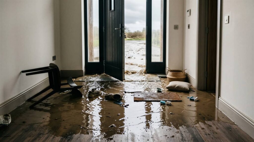 Floodwater inside a house by the open front door.