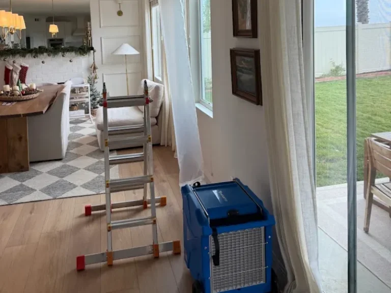 Ladder and blue air purifier in a living room with holiday decor.