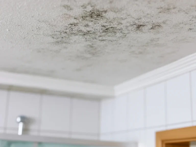 Mold spots on a bathroom ceiling.