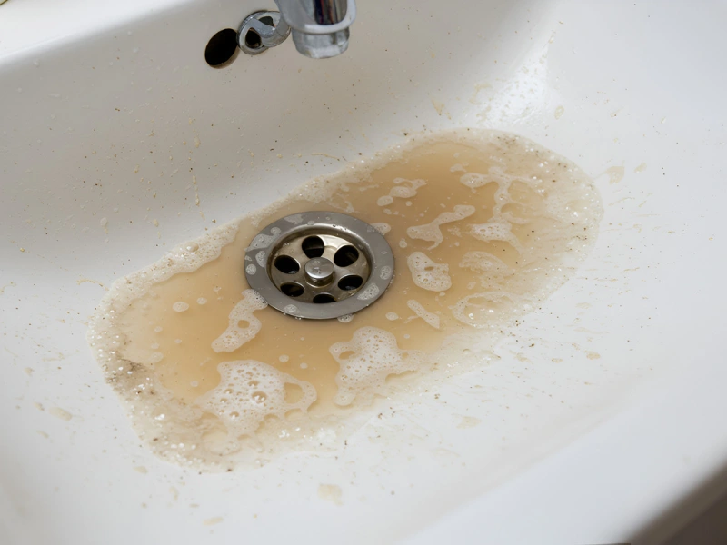 Dirty sink with brown, soapy water around the drain.