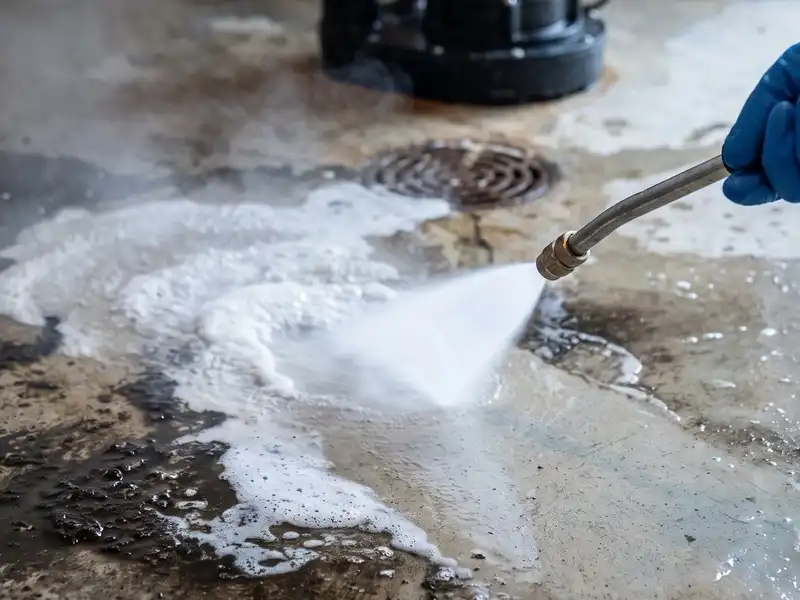 Pressure washing a dirty concrete floor.