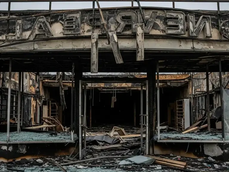 Burned-out storefront with a damaged sign and shattered windows.