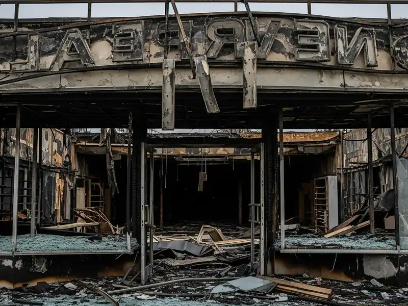Burned-out storefront with a damaged sign and shattered windows.