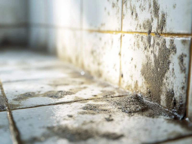 Close-up of mold and dirt on white tiled wall and floor corner.