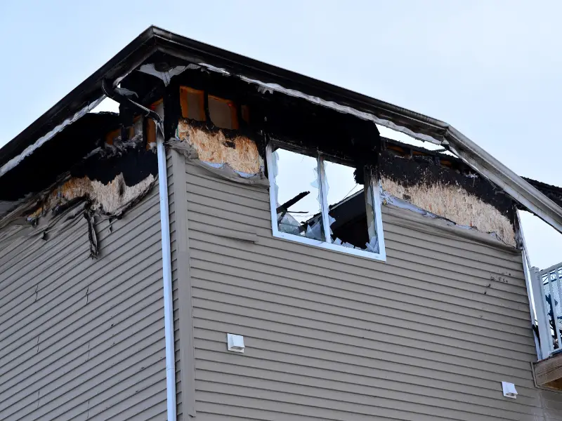 Upper corner of a house with fire damage and a broken window.