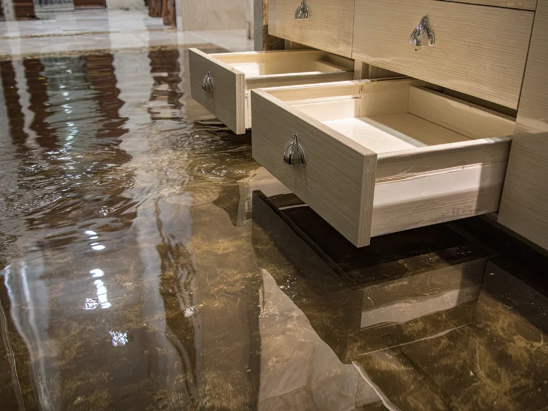 Open drawers above a flooded floor inside a room.