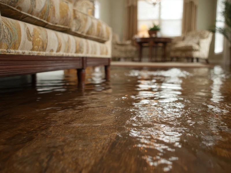 Water flooding a living room floor near a patterned sofa.