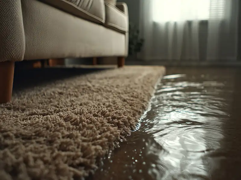 Floodwater pooling beside a sofa and carpet in a living room.