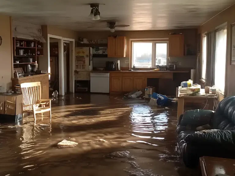 Flooded living room and kitchen with water covering the floor.