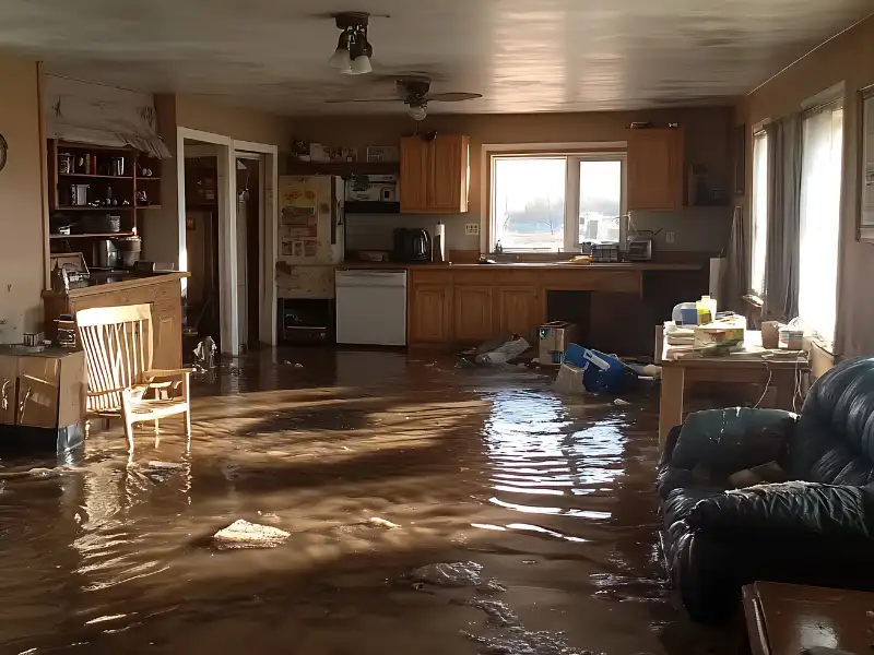 Flooded living room and kitchen with water covering the floor.
