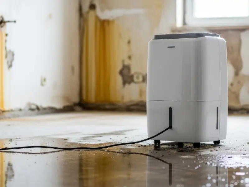 A white dehumidifier on a wet floor in a room with peeling, water-damaged walls.