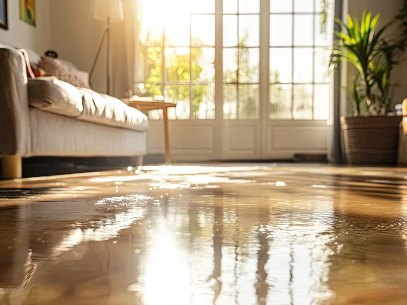 Sunlight reflecting off a large puddle of water on a living room floor near a sofa and potted plant.