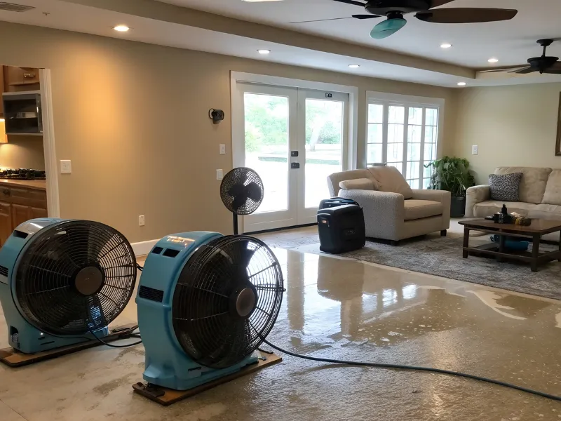 Living room with large fans and a dehumidifier drying a wet floor.