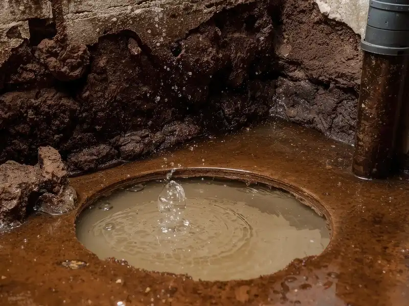 Water bubbling in a muddy sinkhole beside a pipe.