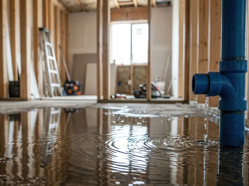 Flooded basement under construction with water leaking from a blue pipe.