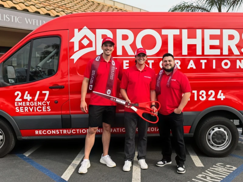 Three men in red uniforms stand beside a red Brother Restoration van.