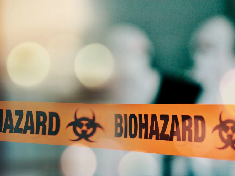 Orange biohazard tape with black text and symbols blocking access to a blurred background.