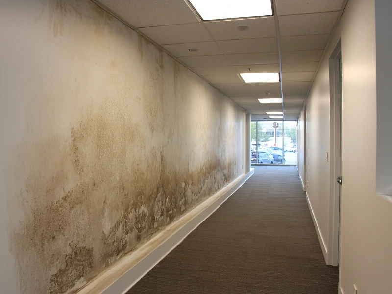 Long hallway with extensive mold damage on the left wall and a window at the far end.