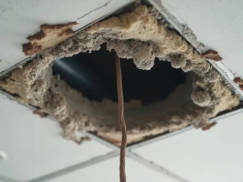 Damaged ceiling with a large hole and exposed wire.
